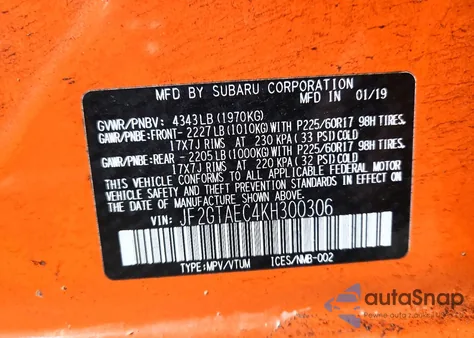 2019 Subaru Crosstrek Premium z USA, uszkodzony, nr VIN JF2GTAEC4KH300306